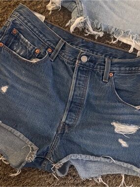 Levi Dark Blue Denim Jean Shorts - Frayed Hem